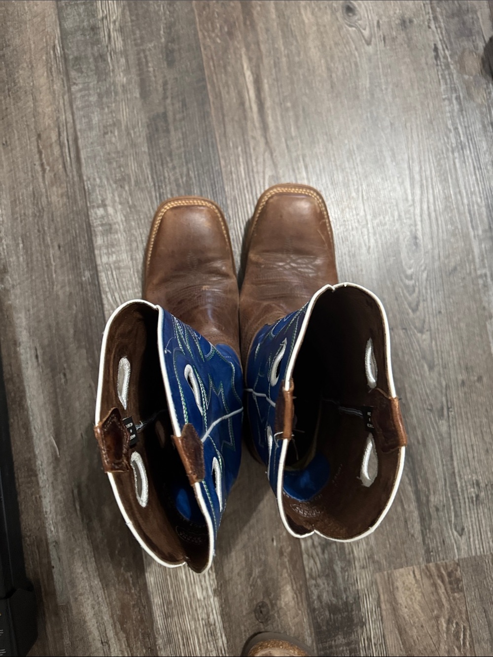 Men's Brown Leather Western Boots with Blue Embroidered Shaft
